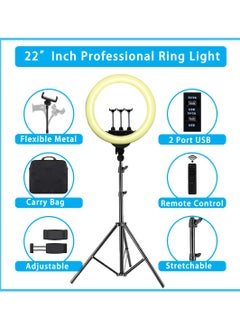 22-Inch Professional Dimmable Circle LED Studio Selfie Ring Light with 2.1 Meter Tripod Stand and Remote YouTube Video Shoot Compatible for iPhone and Android