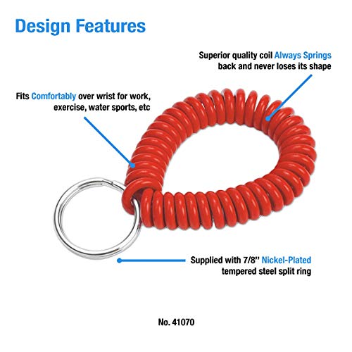 Lucky Line 2” Spiral Wrist Coil with Steel Key Ring, Flexible Wrist Band Key Chain Bracelet, Stretches to 12”, Red, 1 PK (410701) - Image 3
