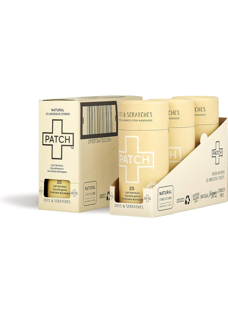 PATCH PATCH Natural Eco-Friendly Bamboo Adhesive Sensitive Skin Bandages, Hypoallergenic Bandages for Sensitive Skin, Compostable, Biodegradable, Latex Free and Plastic Free, 25 Count - 3pk 