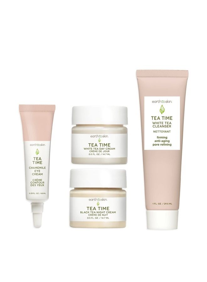 earth to skin Tea Time Starter Set: White Tea Cleanser (1.0 Fl Oz), White Tea Day Cream (0.5 Fl Oz), Black Tea Night Cream (0.5 Fl Oz), Chamomile Eye Cream (0.23 Fl Oz) - Image 1