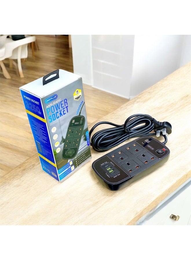 DIGITPLUS Anti-Static Power Socket 5M – 3250W Extension Cord with USB Ports & PD 20W Fast Charging - Image 2