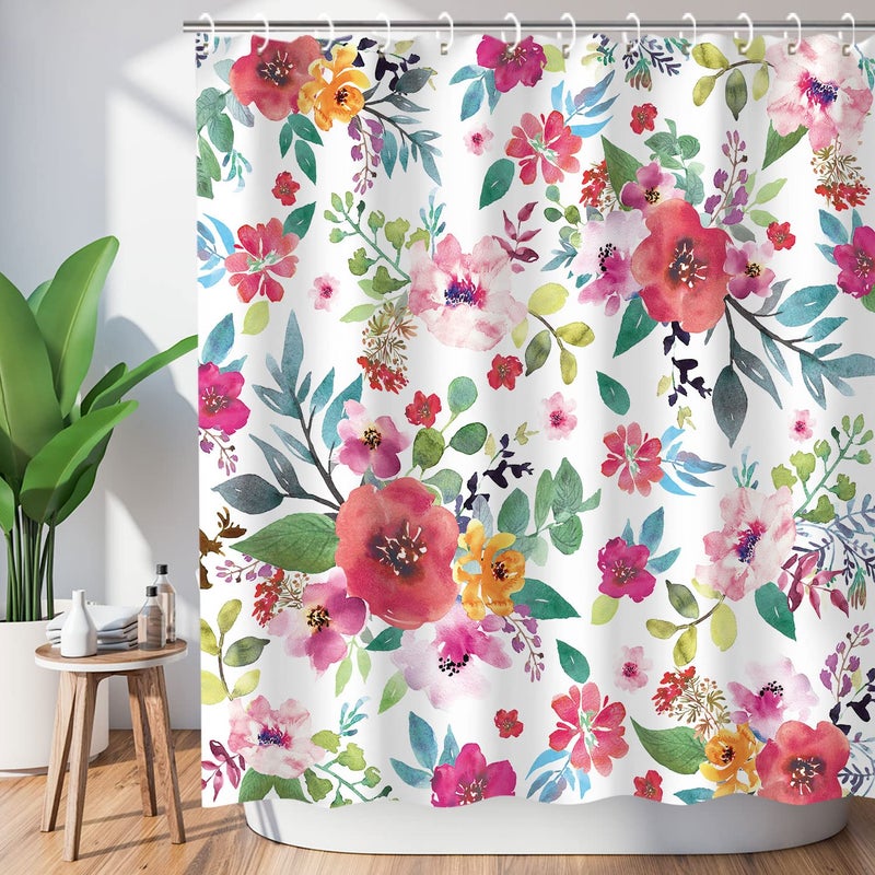 LIVILAN Floral Shower Curtain for Bathroom Watercolor Girls Flowered Curtain with Hooks Pink Flower Bathroom Decor 72 W x 78 H
