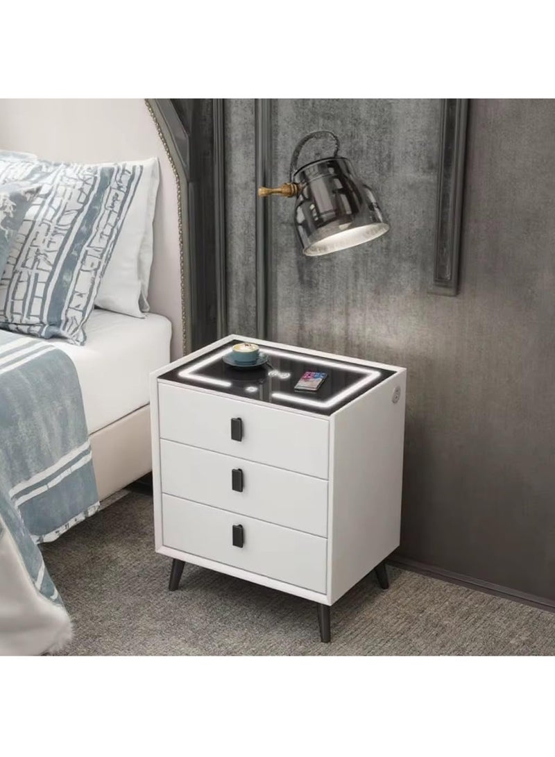 مونوج طاولة جانبية ذكية مع 3 أدراج وإضاءة LED قابلة للتعديل وطاولة بجانب السرير لغرفة النوم وغرفة المعيشة وسطح طاولة من الزجاج المقسّى - Image 1