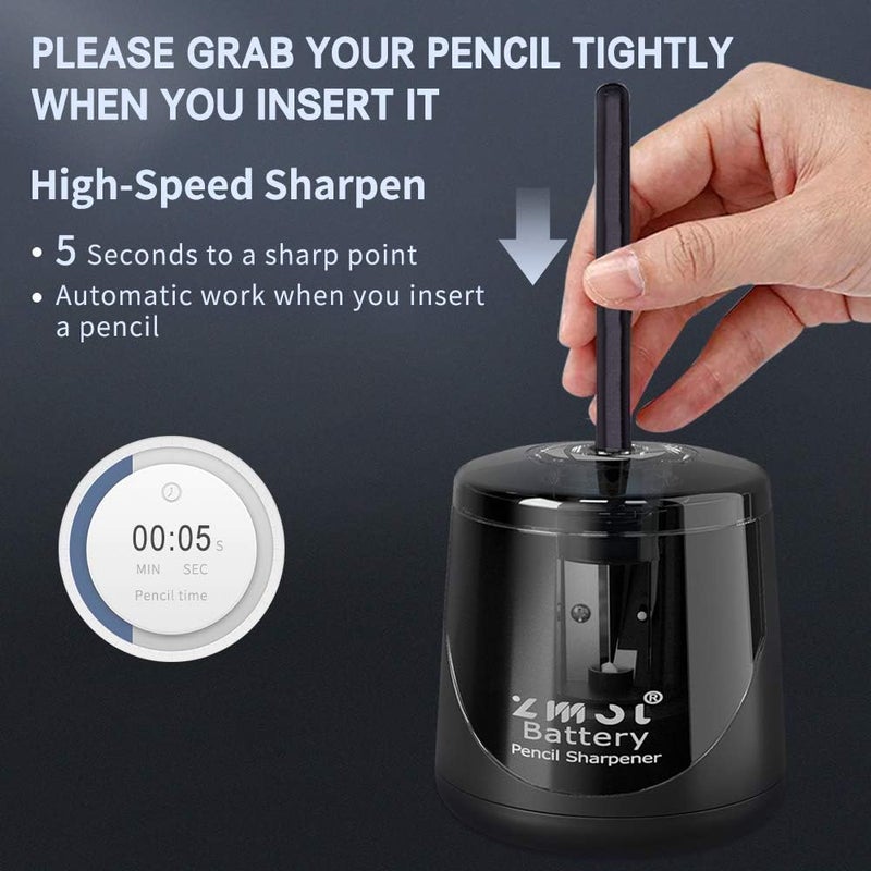 Zmol Battery Powered Electric Pencil Sharpener,Small Battery Operated Colored Pencil Sharpeners Portable for Kids,Fast Sharpen, Suitable for No.2/Colored (6-8mm), School/Classroom/Office/Home Black - Image 5