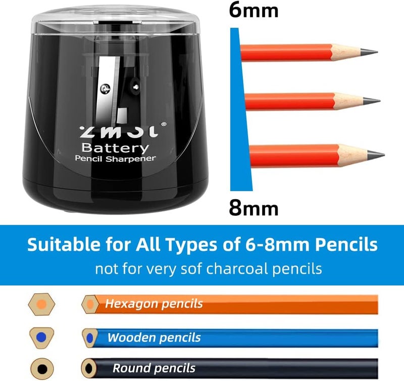 Zmol Battery Powered Electric Pencil Sharpener,Small Battery Operated Colored Pencil Sharpeners Portable for Kids,Fast Sharpen, Suitable for No.2/Colored (6-8mm), School/Classroom/Office/Home Black - Image 3