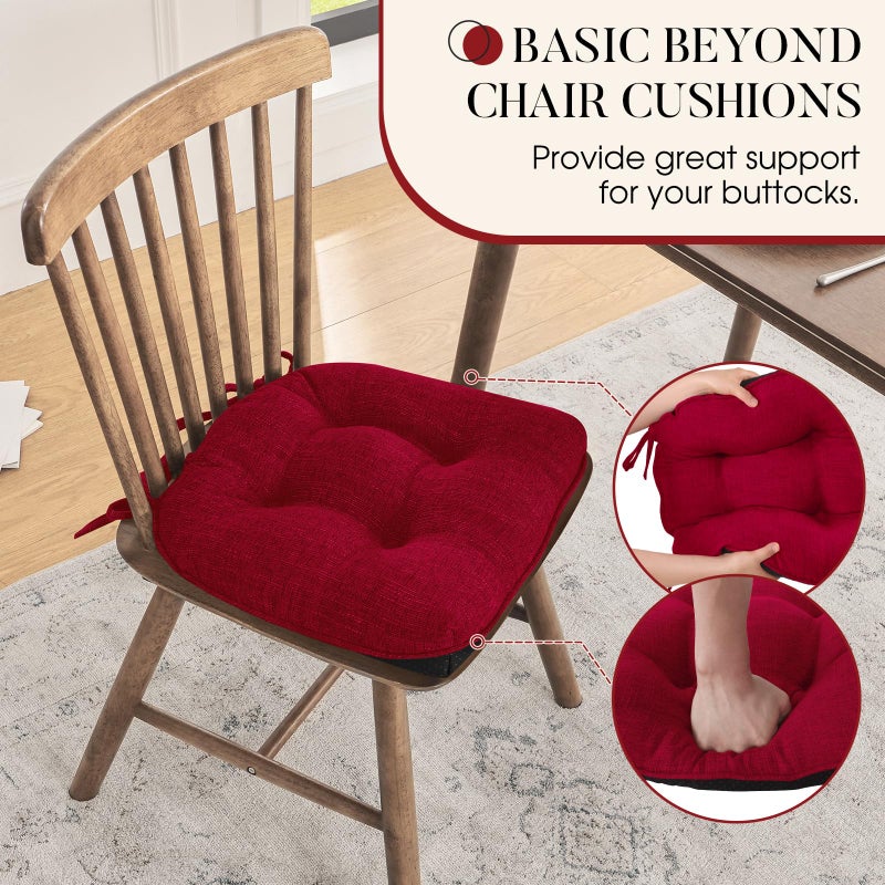 Basic Beyond Chair Cushions for Dining Chairs 4 Pack, Chair Cushion with Ties and Non Slip Backing, 15.5 x 15.5 inches Tufted Chair Pads for Dining Chairs(Red) - Image 3