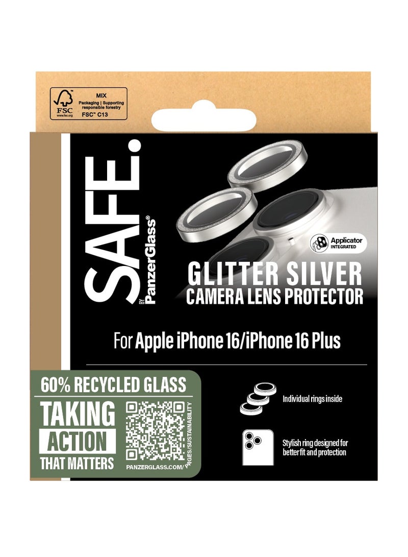 PanzerGlass SAFE by PanzerGlass® Rings Camera Lens Protector for iPhone 16 | 16 Plus Silver Glitter, Scratch and Drop Protection - with mounting aid for easy installation, Stylish Protection - Image 3