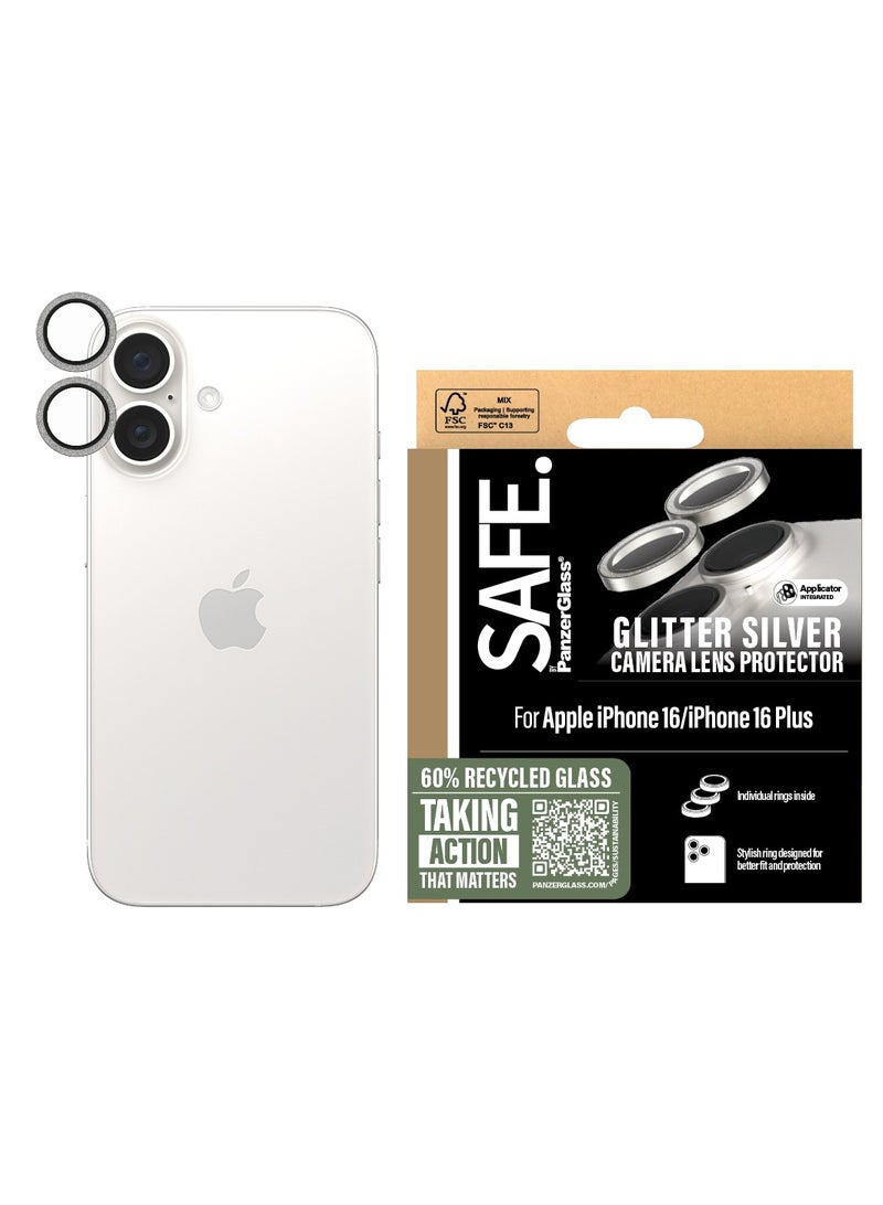 PanzerGlass SAFE by PanzerGlass® Rings Camera Lens Protector for iPhone 16 | 16 Plus Silver Glitter, Scratch and Drop Protection - with mounting aid for easy installation, Stylish Protection - Image 1