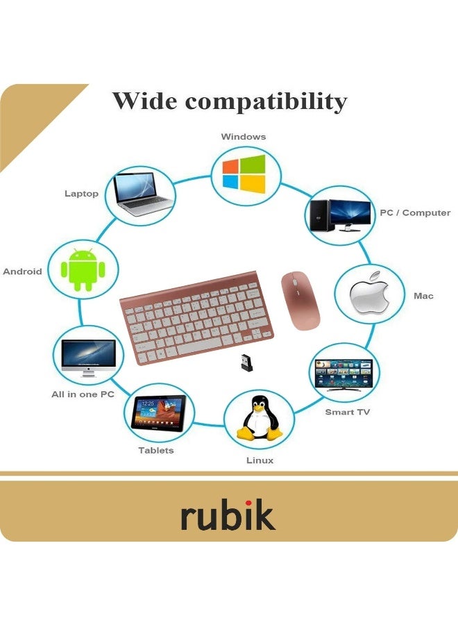 Rubik Wireless Keyboard And Mouse Combo, Ultra Thin Portable 2.4GHz Keyboard with Whisper Quiet Design For Laptop Mac Tablet Desktop PC Computer Windows XP/Vista / 7/8 / 10 - Rose Gold - Image 2
