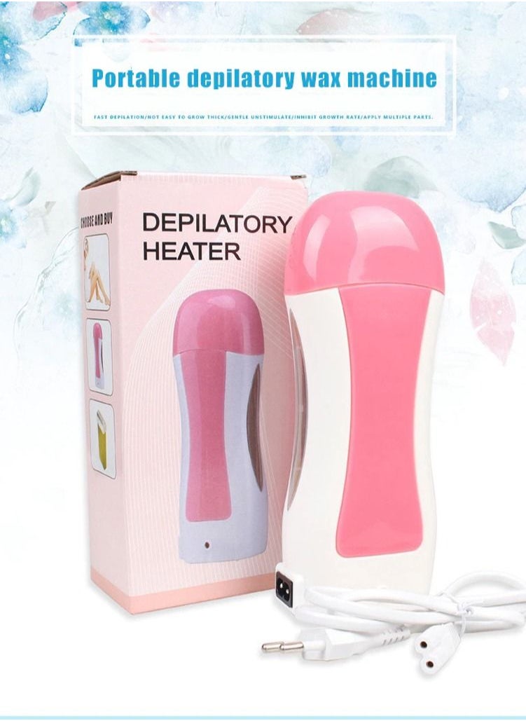 DubaiGallery - 3 in 1 Roller Waxing Kit Depilatory Wax Warmer Strips for Hair Removal with Epilator Heater Cartridge Paper Waxing Set Pink - Image 1