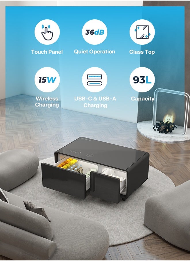Powerology Fridge Coffee Table 93L with HiFi Speaker / Glass Top /Touch Panel / Bluetooth/ USB & Type-C & Wireless Charging / Dual Compartment Fridge - Black  - Image 2
