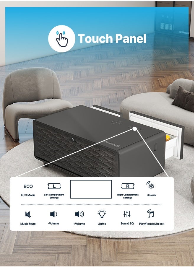 Powerology Fridge Coffee Table 93L with HiFi Speaker / Glass Top /Touch Panel / Bluetooth/ USB & Type-C & Wireless Charging / Dual Compartment Fridge - Black  - Image 3