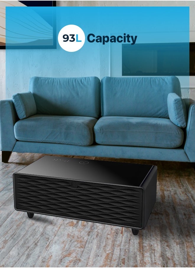 Fridge Coffee Table 93L with HiFi Speaker / Glass Top /Touch Panel / Bluetooth/ USB & Type-C & Wireless Charging / Dual Compartment Fridge - Black