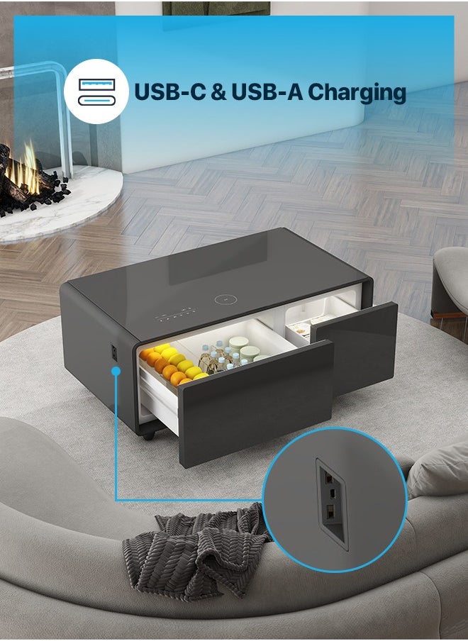 Fridge Coffee Table 93L with HiFi Speaker / Glass Top /Touch Panel / Bluetooth/ USB & Type-C & Wireless Charging / Dual Compartment Fridge - Black