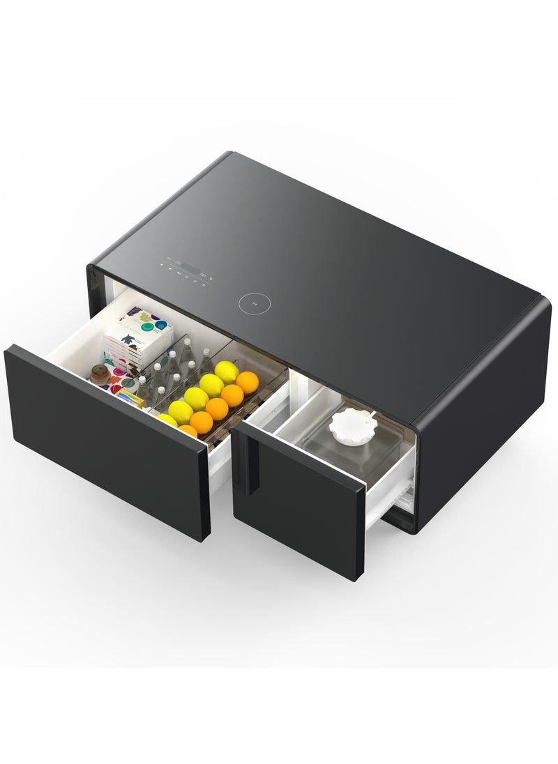 Fridge Coffee Table 93L with HiFi Speaker / Glass Top /Touch Panel / Bluetooth/ USB & Type-C & Wireless Charging / Dual Compartment Fridge - Black