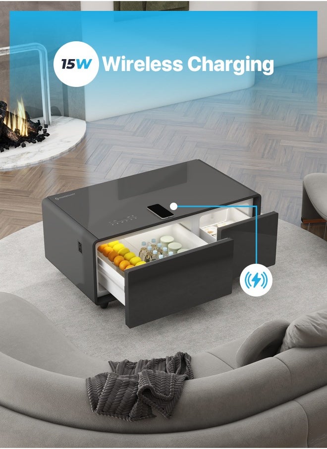 Fridge Coffee Table 93L with HiFi Speaker / Glass Top /Touch Panel / Bluetooth/ USB & Type-C & Wireless Charging / Dual Compartment Fridge - Black