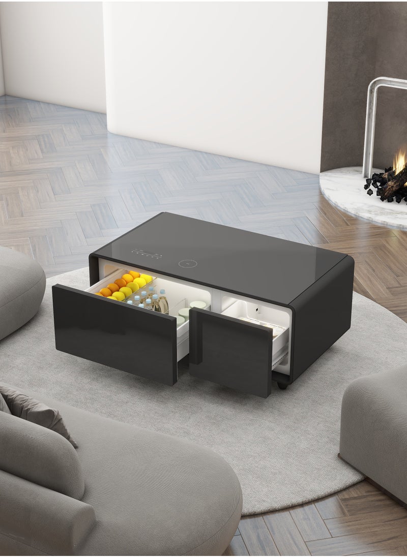 Fridge Coffee Table 93L with HiFi Speaker / Glass Top /Touch Panel / Bluetooth/ USB & Type-C & Wireless Charging / Dual Compartment Fridge - Black
