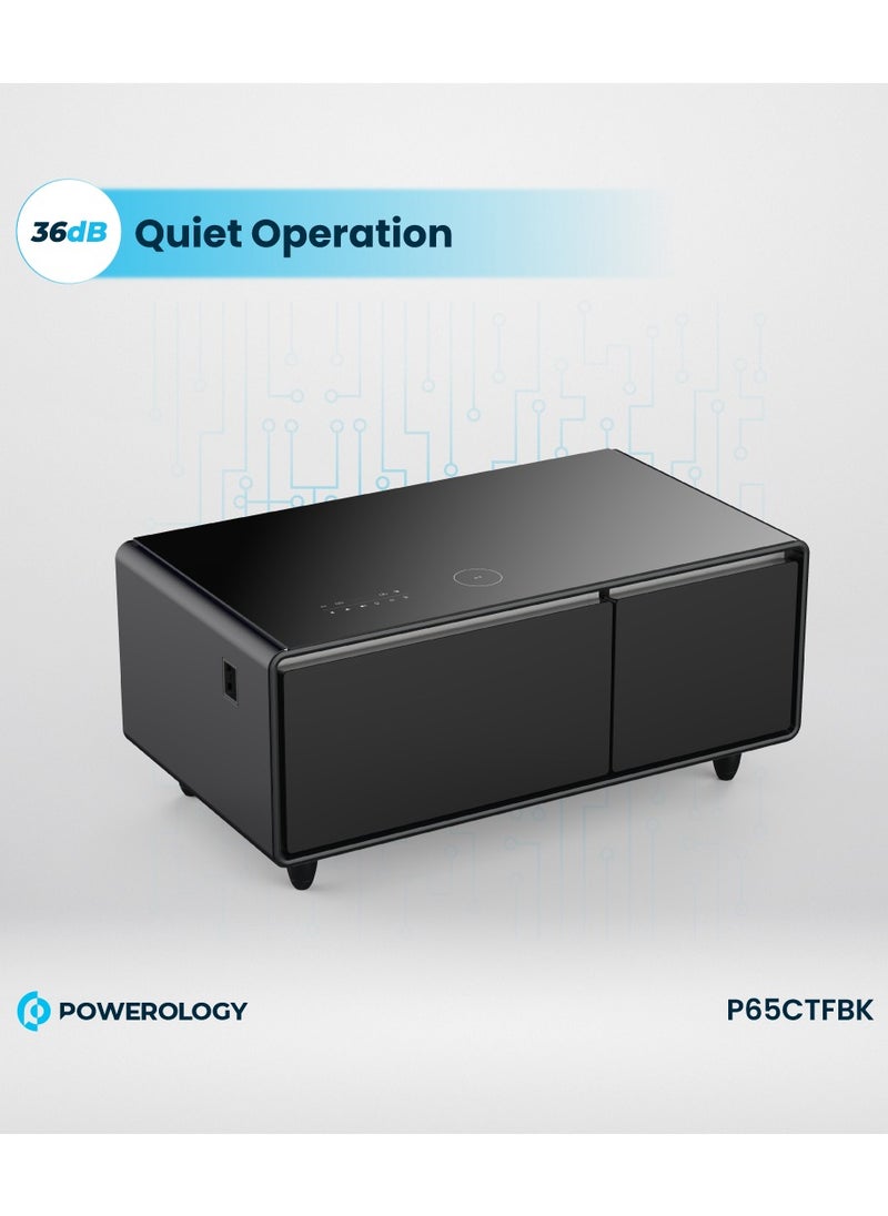 Fridge Coffee Table 93L with HiFi Speaker / Glass Top /Touch Panel / Bluetooth/ USB & Type-C & Wireless Charging / Dual Compartment Fridge - Black