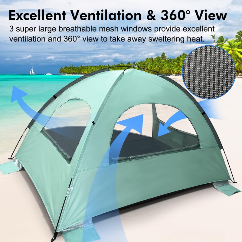 WhiteFang Beach Tent Anti-UV Portable Sun Shade Shelter for 3 Person, Extendable Floor with 3 Ventilating Mesh Windows Plus Carrying Bag, Stakes and Guy Lines (Mint Green) - Image 4