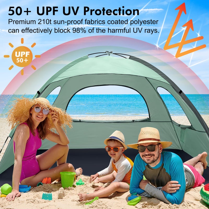 WhiteFang Beach Tent Anti-UV Portable Sun Shade Shelter for 3 Person, Extendable Floor with 3 Ventilating Mesh Windows Plus Carrying Bag, Stakes and Guy Lines (Mint Green) - Image 3