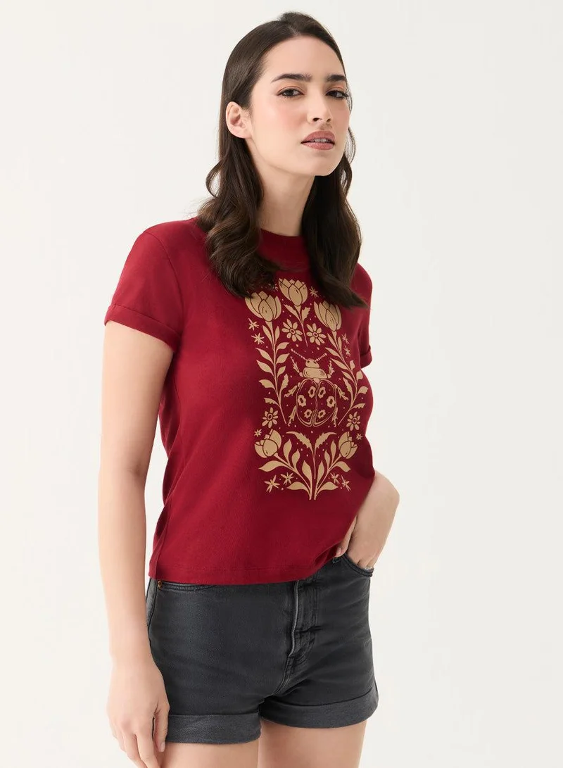 Zigzag Ladybug Printed Maroon Crew-Neck T-shirt