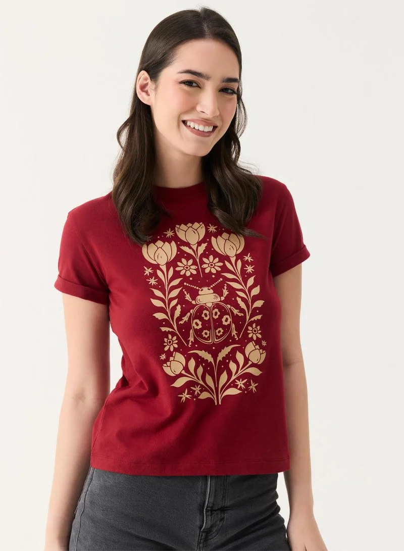 Zigzag Ladybug Printed Maroon Crew-Neck T-shirt