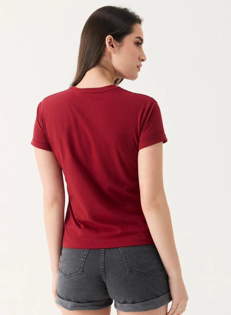 Zigzag  Ladybug Printed Maroon Crew-Neck T-shirt for Women | Best Price UAE