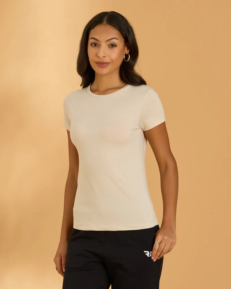 Redtag Women Beige Melange Crew Neck T Shirt