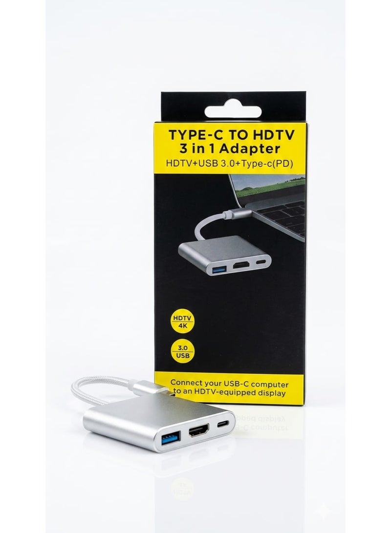 USB Type-C to HDTV 3 in 1 Adapter, 4K HDTV Output, USB 3.0, Type-C PD Charging
