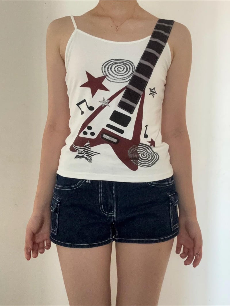 RICHTRUE Punk Rock Concert Graphic Tank Tops Women Cute Summer Spaghetti Strap Sleeveless Crop Cami Y2k Grunge Emo Shirt (White Red Guitar,Medium) - Image 3