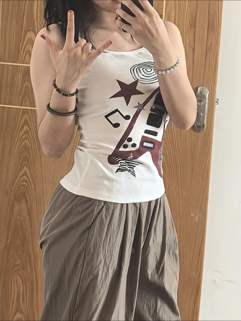 RICHTRUE Punk Rock Concert Graphic Tank Tops Women Cute Summer Spaghetti Strap Sleeveless Crop Cami Y2k Grunge Emo Shirt (White Red Guitar,Medium) - Image 5