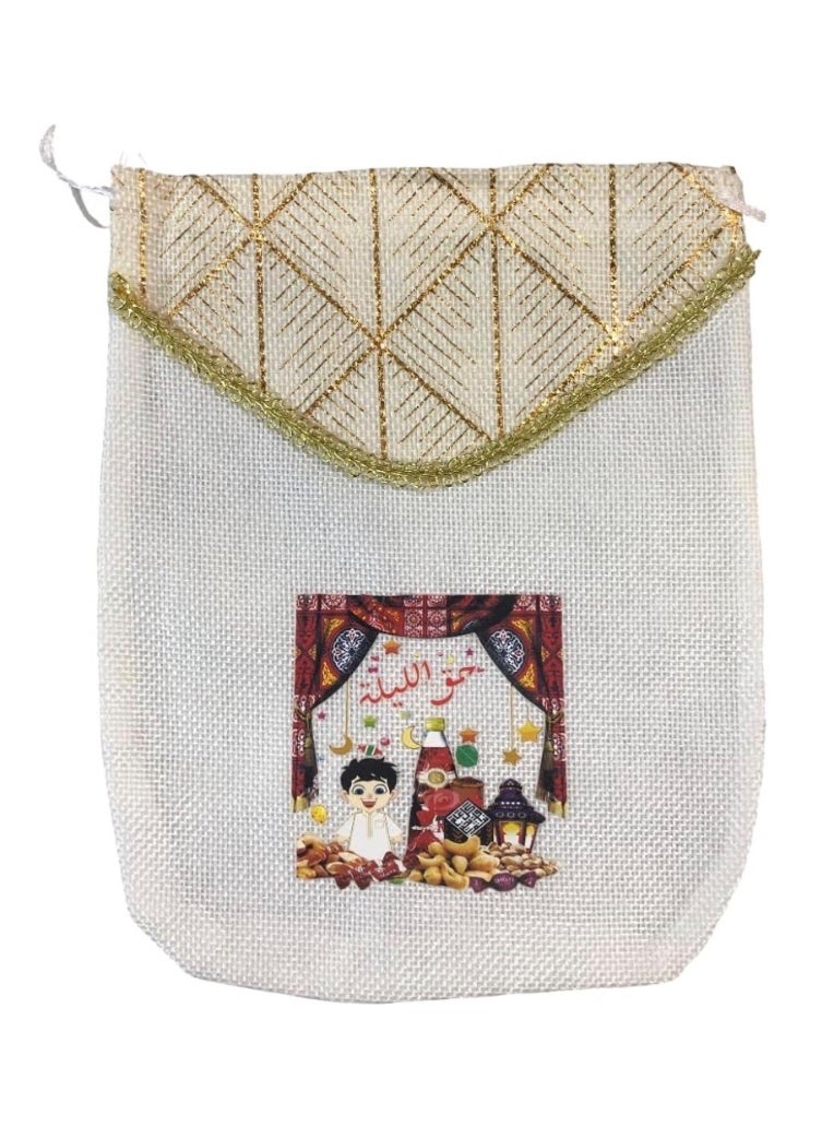 SEDRA | For boy Haq Al Laila gift Bag with Gold Trim, Burlap Pouch with Cultural Design, 17x22 cm, 12 Pieces - Image 1