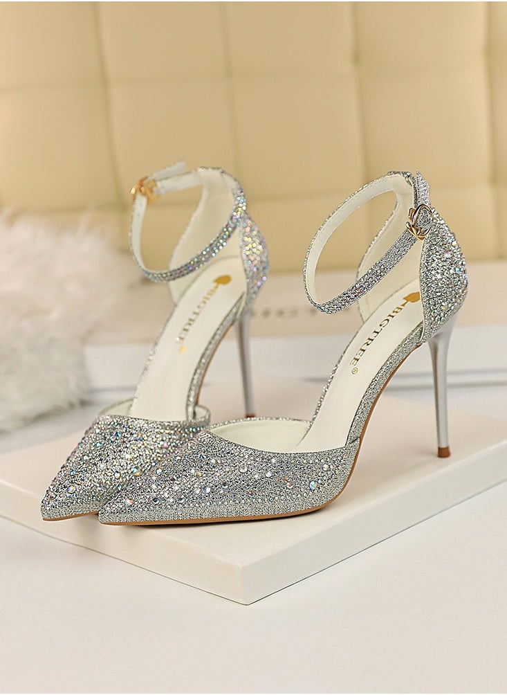 BIGTREE 10cm Women's Sandals With Sparkling Rhinestones With High Heels And Shallow Cut Points Silver  - Image 1