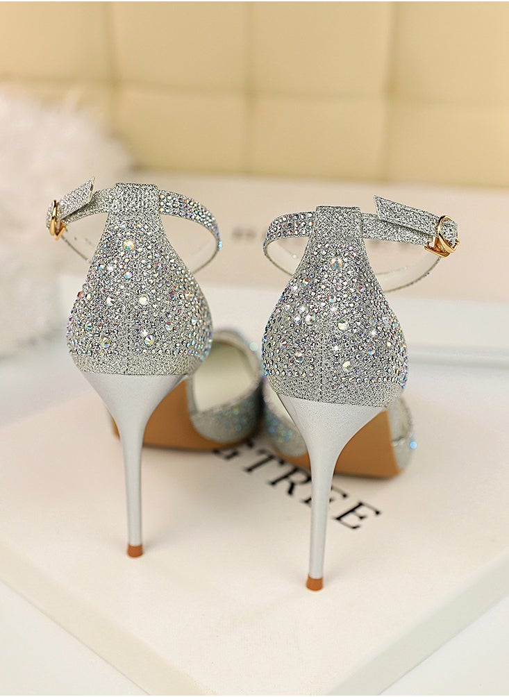BIGTREE 10cm Women's Sandals With Sparkling Rhinestones With High Heels And Shallow Cut Points Silver  - Image 2