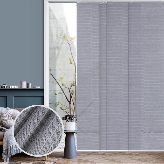 ADJUSTABLE SLIDING VERTICAL BLINDS FOR SLIDING GLASS DOORS 458 86 W X 96 H EXTENDABLE 4RAIL PANEL TRACK BLINDS TRIMMABLE NATURAL WOVEN PANEL CURTIAN SEMIPRIVACY TWILIGHT ASHES