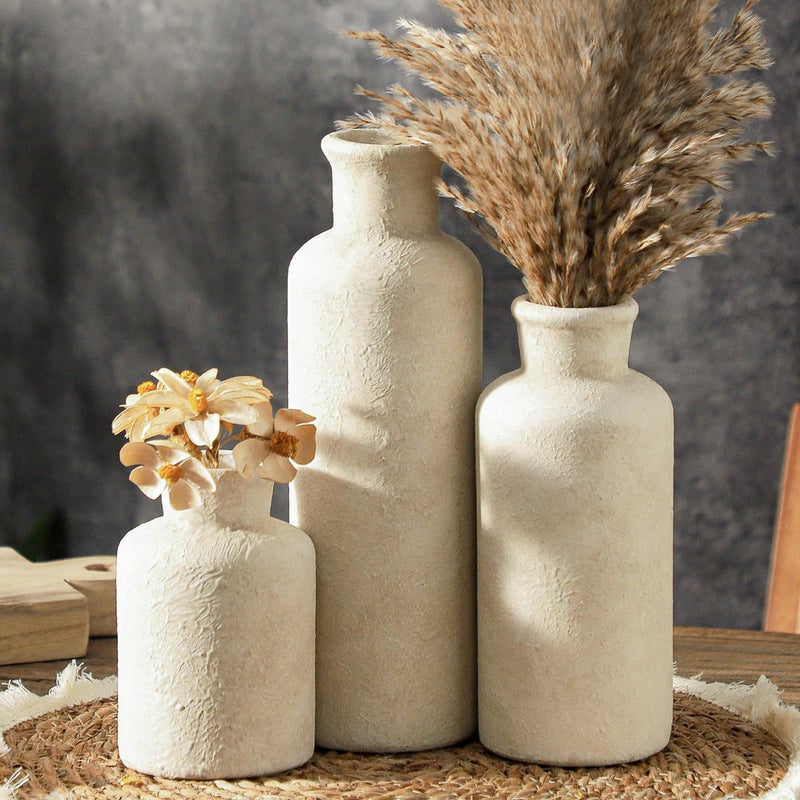 ooit Ceramic Vases Set of 3, Whitewashed Neutral Flower Vases Home Decor, Pottery Rustic Farmhouse Decorative Vases Modern Decor for Table Mantel Entryway Bookshelf Living Room Kitchen Bedroom - Image 1