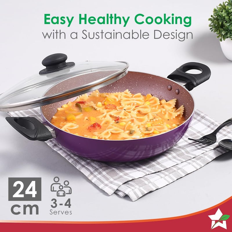 Wonderchef واندرشيف فالنسيا قدر غير لاصق مع غطاء زجاجي | مقابض باكليت باردة الملمس | ألمنيوم بدرجة نقاء عالية | خالي من PFOA | سعة 2 لتر | حجم 24 سم | ضمان لمدة سنة | بنفسجي - Image 2