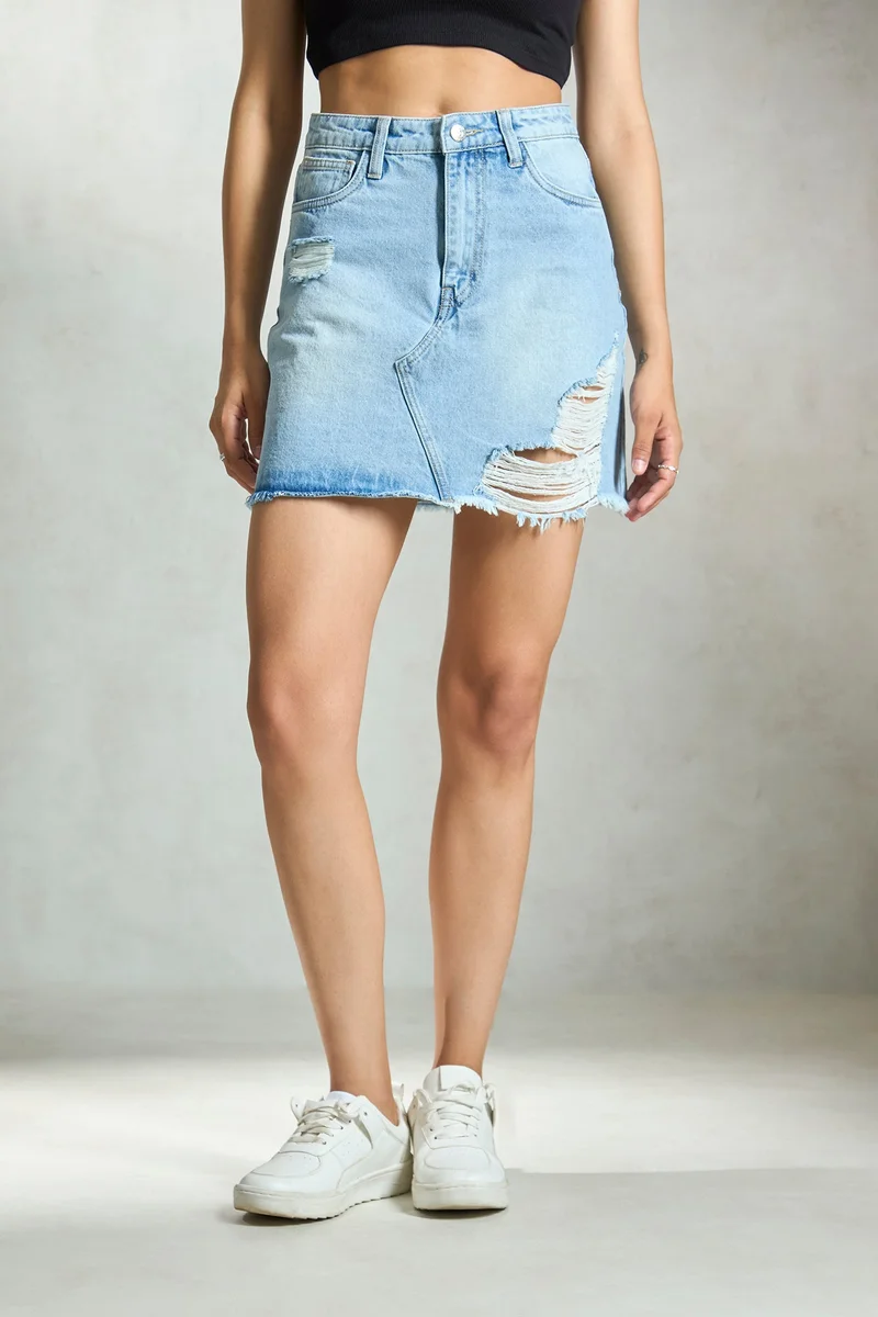 فيرجيو Virgio Women Straight Distressed Denim Mini Skirt