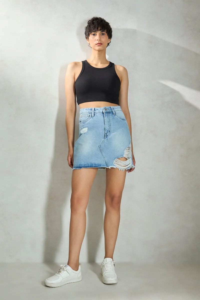 فيرجيو Virgio Women Straight Distressed Denim Mini Skirt