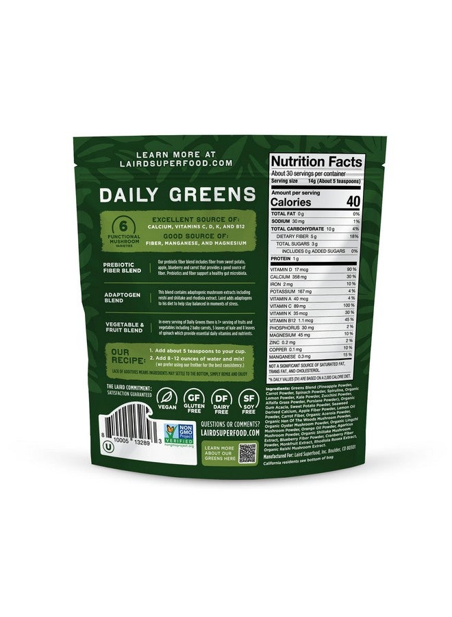 Laird Superfood Laird Superfood Prebiotic Daily Greens Powder - Essential Vitamins & Minerals - Prebiotic Fiber, Adaptogen and Fruits & Vegetables - Supports Gut Health - Non-GMO, Vegan - 14.8 oz Bag, Pack of 1  - Image 2