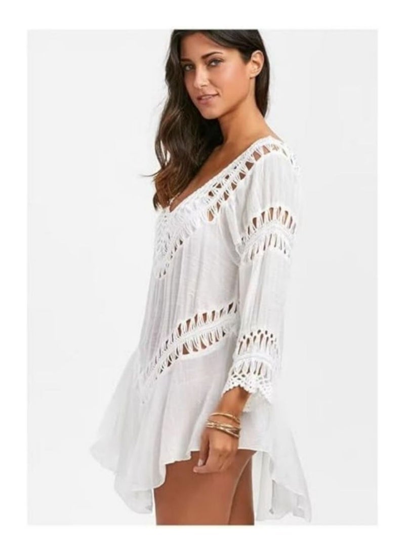 NADANBAO Women Swimsuit Cover Up, Half Sleeve Bikini Cover-up, Hollow Embroidery Floral Lace Beach Dress, Beach Swimwear - Image 3