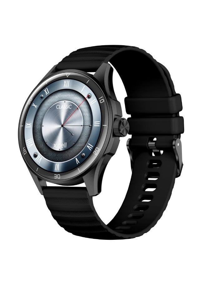 Xcell Classic6 Smartwatch, 1.43" AMOLED Display, Bluetooth Calling, 2 Premium Straps, Heart-Rate/BP/SpO₂, Multi Language, IP68, 7-Day Battery, iOS/Android Compatible- Black Frame with Black Strap