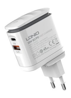LDNIO A2423C شاحن حائط سريع بقابس أوروبي مع كابل من النوع C إلى Lightning ومصباح LED ليلي 25 وات - أبيض