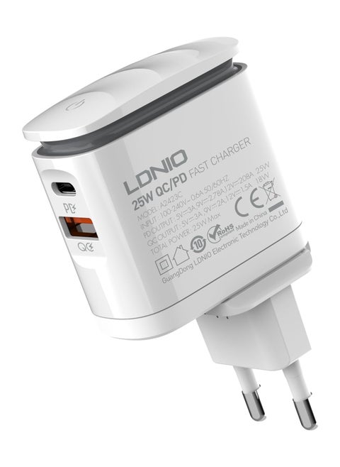 LDNIO A2423C شاحن حائط سريع بقابس أوروبي مع كابل من النوع C إلى Lightning ومصباح LED ليلي 25 وات - أبيض