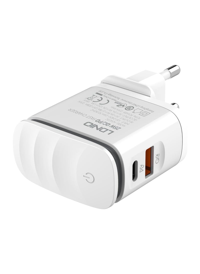 إل دينو - LDNIO A2423C شاحن حائط سريع بقابس أوروبي مع كابل من النوع C إلى Lightning ومصباح LED ليلي 25 وات - أبيض - Image 1