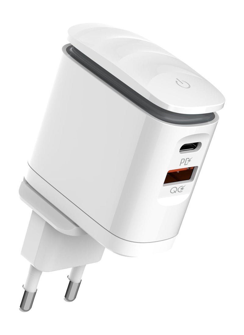 إل دينو - LDNIO A2423C شاحن حائط سريع بقابس أوروبي مع كابل من النوع C إلى Lightning ومصباح LED ليلي 25 وات - أبيض - Image 1