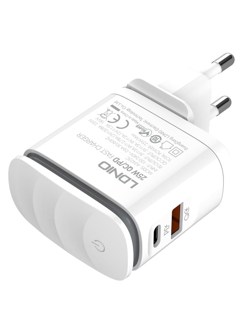 إل دينو - LDNIO A2423C شاحن حائط سريع بقابس أوروبي مع كابل من النوع C إلى Lightning ومصباح LED ليلي 25 وات - أبيض - Image 1
