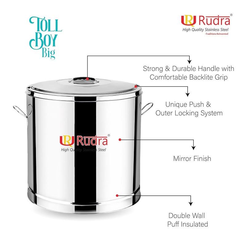 Rudra Stainless Steel Toll Boy Big Stainless Steel Traditional Hot Pot Puff Insulated Hot Cold Container Casserole with Side Handles Silver 25 litres - Image 4
