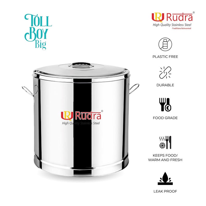 Rudra Stainless Steel Toll Boy Big Stainless Steel Traditional Hot Pot Puff Insulated Hot Cold Container Casserole with Side Handles Silver 25 litres - Image 3