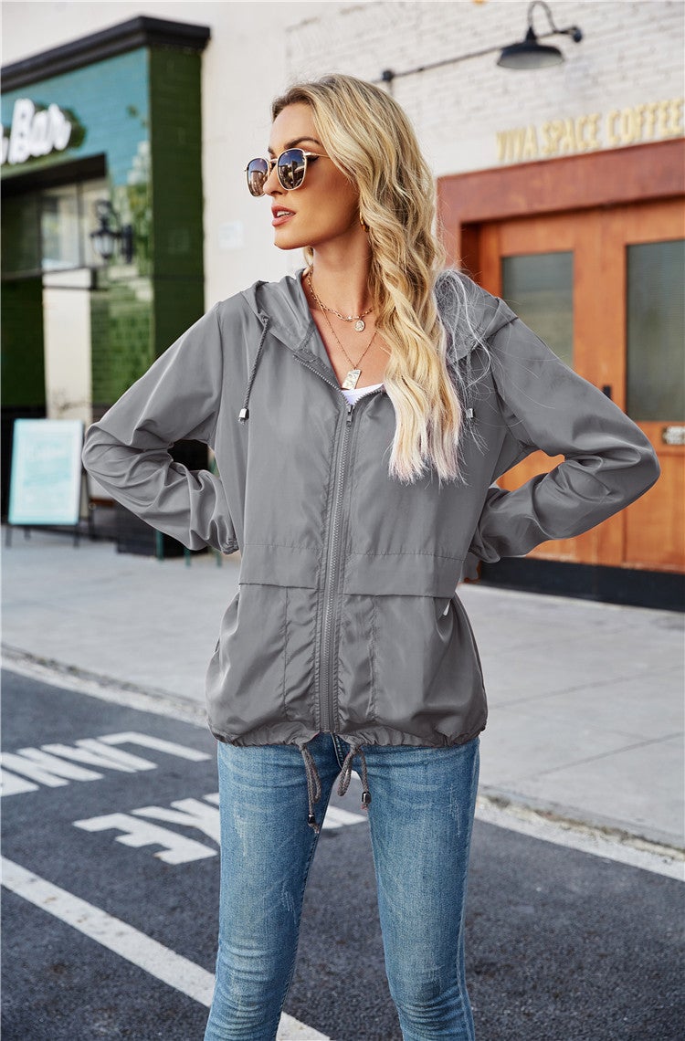 Amazon wish cross-border womens zipper hoodie lightweight outdoor hiking raincoat jacket jacket women light gray printing